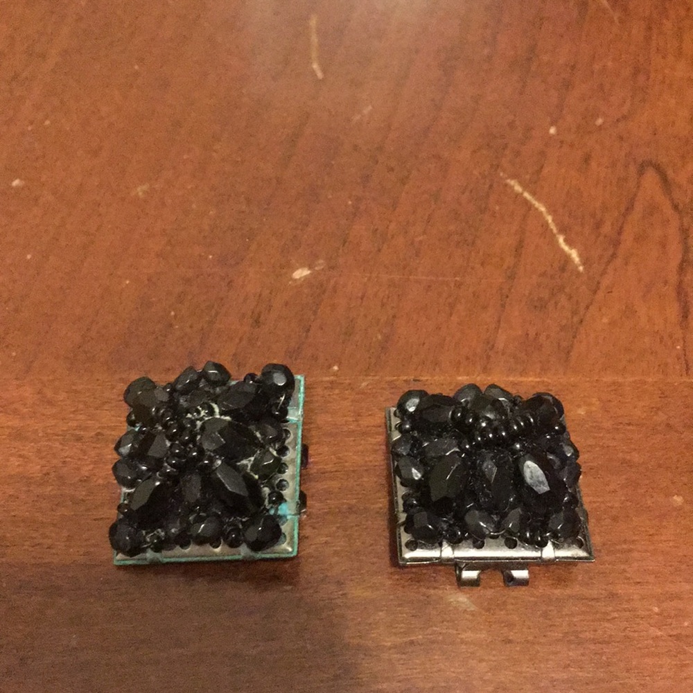 Square black beaded clip on earrings